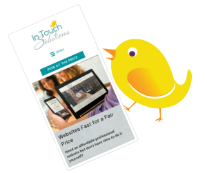 Ms. Birdie pointing at a mobile view of the In Touch Solutions website in the Small Business Website SEO.