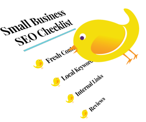 Ms. Birdie looks over her Small Business SEO Checklist, including fresh content, local keywords, internal links and reviews
